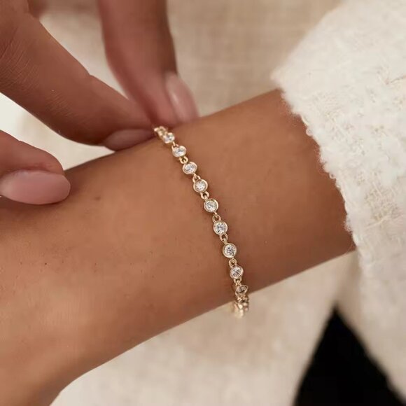 Bezel Setting Spring 14K (or 18k upon request) Yellow Gold Diamond Bracelet - Picture 3 of 7